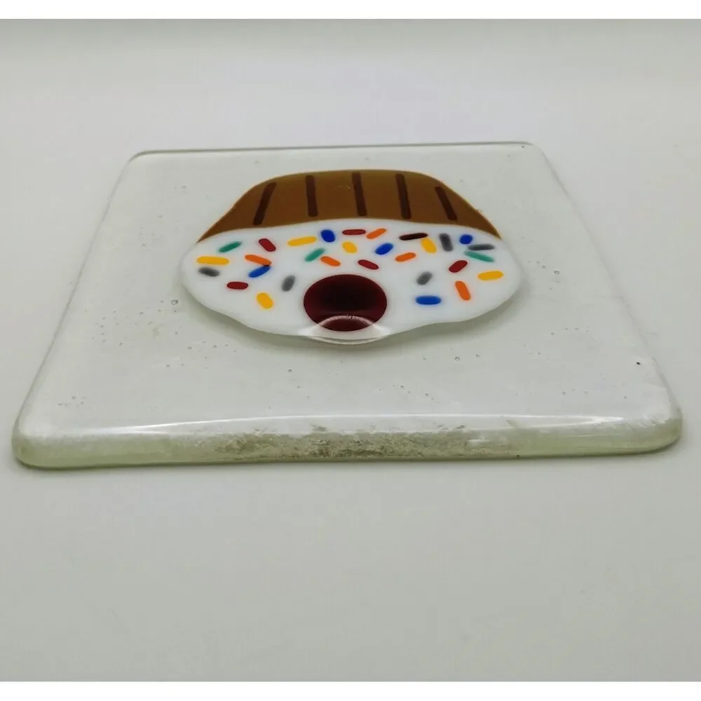 Handmade Fused Glass Cupcake Square Plate Trinket Dish Sprinkles Cherry 4.75in